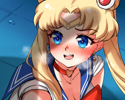 1boy 1girls all_fours ass bishoujo_senshi_sailor_moon blonde_hair blue_eyes blue_sailor_collar blush choker clavicle cleavage clothing cock_hungry crescent_earrings earrings eyebrows_visible_through_hair female foxy_rain_(foxyreine) foxyrain_(foxyreine) foxyreine hair_bun hair_grab heart heart_choker jewelry long_hair meme on_knees penis_shadow red_choker sailor_collar sailor_moon sailor_moon_redraw_challenge sailor_senshi sailor_senshi_uniform sailor_uniform saliva tears tied_hair twintails upper_body usagi_tsukino visible_breath