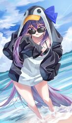 animal_costume animal_hood bangs beach bikini black-framed_eyewear black_bikini blue_sky cloud cloudy_sky commentary_request day dutch_angle fate/grand_order fate_(series) female hair_between_eyes highres hood long_hair long_sleeves looking_at_viewer looking_over_eyewear looking_over_glasses meltryllis meltryllis_(swimsuit_lancer)_(fate) minori_chigusa ocean outdoors parted_lips penguin_costume purple_eyes purple_hair sky sleeves_past_fingers sleeves_past_wrists solo standing sunglasses swimsuit thighs tinted_eyewear very_long_hair wading water