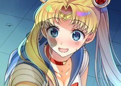 1girls asahina_hikage bishoujo_senshi_sailor_moon blonde_hair blue_eyes blue_sailor_collar blush clothing crescent_earrings earrings eyebrows_visible_through_hair female hair_bun long_hair meme open_mouth penis_awe penis_shadow sailor_moon sailor_moon_redraw_challenge sailor_senshi_uniform sailor_uniform sweating twintails usagi_tsukino