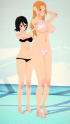 3d big_breasts black_hair bleach blue_eyes blush breast_envy female_only jealous koikatsu kuchiki_rukia matsumoto_rangiku oppai113 orange_hair purple_eyes small_breasts swimsuit