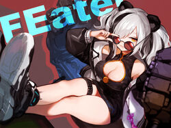 adjusting_eyewear adjusting_glasses animal_ears arknights bangs bare_shoulders bear_ears bear_girl black_dress black_footwear black_hair black_jacket black_nails breasts character_name china_dress chinese_clothes cleavage cleavage_cutout commentary_request crossed_ankles dress eyebrows_behind_hair eyewear_on_head feater_(arknights) female glasses hair_over_one_eye highres jacket large_breasts legs_crossed long_hair long_sleeves looking_at_viewer looking_over_eyewear looking_over_glasses mechanical_arms multicolored_hair nail_polish nima_(niru54) open_clothes open_jacket panda_ears puffy_long_sleeves puffy_sleeves red-tinted_eyewear round_eyewear round_glasses shoe_soles shoes silver_hair sitting sleeveless sleeveless_dress smile sneakers solo streaked_hair sunglasses thick_eyebrows thighs tinted_eyewear yellow_eyes