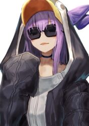 :p absurdres bow bowtie choker fate/grand_order fate_(series) female highres hoshibudou long_hair long_sleeves looking_at_viewer meltryllis meltryllis_(swimsuit_lancer)_(fate) penguin_hood purple_bow purple_hair simple_background solo sunglasses tinted_eyewear tongue tongue_out white_background