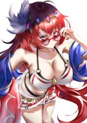 adjusting_eyewear adjusting_glasses alexiel bikini blue_eyes blue_shawl breasts cleavage commentary_request feathers female granblue_fantasy hair_feathers hair_ornament heart heart-shaped_eyewear highres large_breasts leaning_forward long_hair looking_at_viewer looking_over_glasses red_hair simple_background smile solo sunglasses swimsuit tinted_eyewear user_aemy7233 very_long_hair white_background white_bikini