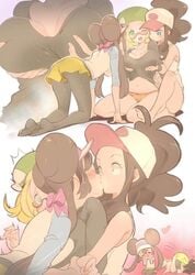 3girls bent_over bianca_(pokemon) breast_grab cap chorimokki cute female hilda_(pokemon) huge_breasts human lesbian_kiss multiple_girls nintendo on_all_fours pantyhose pokemon pokemon_bw pokemon_bw2 rosa_(pokemon) shocked shocked_expression shoes surprise_kiss surprised wholesome yuri