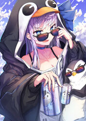 adjusting_eyewear adjusting_glasses animal_hood bangs bare_shoulders bird black_jacket blue_eyes blue_ribbon blue_sky breasts can collarbone fate/grand_order fate_(series) female hair_between_eyes highres hood jacket kuwa_aak long_hair long_sleeves looking_at_viewer looking_over_eyewear looking_over_glasses meltryllis meltryllis_(swimsuit_lancer)_(fate) open_mouth penguin penguin_hood purple_hair ribbon sky small_breasts smile soda_can sunglasses tinted_eyewear very_long_hair