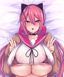 areolae bed bikini_top bikini_under_clothes blush cat_ears choker cleavage fangs hairbow hairclip huge_breasts kaenuco nipple_bulge nipples_visible_through_clothing original original_character peace_sign pink_eyes pink_hair school_uniform schoolgirl tsumiki_(kaenuco) twintails underboob