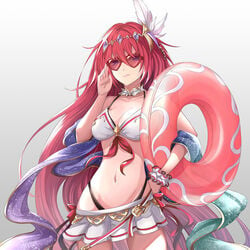 adjusting_eyewear adjusting_glasses alexiel bikini bikini_skirt blue_eyes breasts cleavage commentary_request feathers female granblue_fantasy grey_background hair_feathers hair_ornament hand_on_hip heart heart-shaped_eyewear innertube large_breasts long_hair navel red-tinted_eyewear red_hair scrunchie shawl simple_background solo sunglasses swimsuit tinted_eyewear very_long_hair white_bikini wrist_scrunchie yuki7128