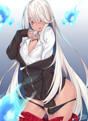 curvy dark-skinned_female dark_skin hoodie licking_lips long_hair looking_at_viewer original original_character panties_down red_eyes school_uniform schoolgirl thighs tongue_out watosu_(watosu_mama) white_hair