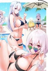 5girls adjusting_eyewear adjusting_glasses azur_lane bangs belfast_(azur_lane) bikini black_bikini blonde_hair blue_bikini blue_eyes blue_sky blush bottle braid breasts bubble_tea bubble_tea_challenge chains choker cleavage cloud collar collarbone cup day disposable_cup drinking_straw eyebrows_visible_through_hair french_braid hair_between_eyes hair_over_one_eye hair_ribbon hat heart heart-shaped_eyewear holding holding_bottle illustrious_(azur_lane) lace_trim large_breasts long_hair looking_at_viewer looking_over_eyewear looking_over_glasses lotion maid_bikini maid_headdress manjuu_(azur_lane) mole mole_under_eye multiple_girls navel nylon o-ring o-ring_top object_on_breast outdoors parted_lips pool poolside pouring_onto_self purple_eyes red_eyes ribbon scrunchie sheffield_(azur_lane) short_hair side-tie_bikini silver_hair sirius_(azur_lane) sirius_(midsummer_seirios)_(azur_lane) sitting sky smile sun_hat sunglasses swimsuit thigh_strap tinted_eyewear umbrella unicorn_(azur_lane) untied untied_bikini wet white_hair white_headwear white_scrunchie wrist_scrunchie yellow_eyes