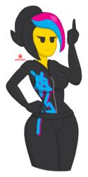 angry anthro artist_name closed_mouth female female_only hand_on_hip hand_on_hips horryhane lego looking_at_viewer middle_finger multicolored_hair no_pupils solo solo_female the_lego_movie wyldstyle yellow_skin