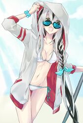 bikini black_hair blue-tinted_eyewear braid breasts fate/grand_order fate_(series) female female_only green_eyes highres hood hoodie long_hair looking_over_eyewear looking_over_glasses medium_breasts multicolored_hair nagao_kagetora_(fate) navel scrunchie shindoi side-tie_bikini solo sunglasses swimsuit tinted_eyewear two-tone_hair white_hair wrist_scrunchie