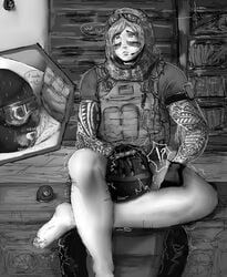 1boy 1girls balaclava blonde_hair bullying camera clothed_male cunnilingus facepaint feet female femdom holding_head hood leg_lock licking_pussy monochrome partially_clothed_female rainbow_six rainbow_six_siege recruit_(rainbow_six) saliva simple_background sitting_on_desk sweat tattoo text_bubble tom_clancy uniform valkyrie_(rainbow_six) wrongnhoka