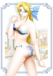 1girls alternate_costume artist_request ass bad_anatomy bangs bare_arms bare_legs bare_shoulders bikini blonde_hair blue_eyes bow breasts butt_crack cleavage clenched_hand collarbone dead_or_alive eyebrows_visible_through_hair eyes_visible_through_hair female female_only female_solo flower glasses grin hair_flower hair_ornament hair_ribbon hand_up helena_douglas large_breasts long_hair looking_over_eyewear looking_over_glasses low_ponytail midriff naughty_face navel neck parted_bangs parted_lips ponytail ribbon solo standing strapless strapless_bikini strapless_swimsuit sunglasses swimsuit tecmo tinted_eyewear white_flower