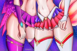 2girls abs ahri hips league_of_legends legs microskirt miniskirt navel panties pink_panties purple_panties skirt star_guardian_ahri star_guardian_series star_guardian_xayah strangerzz thighhighs waist xayah