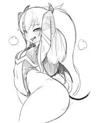 arms_behind_head ass bare_shoulders belly big_ass blush center_opening changbae demon_girl demon_tail fangs female grim_aloe high_resolution horns huge_ass huge_thighs leotard long_hair looking_at_viewer monochrome plump_ass quiz_magic_academy shortstack skin_tight small_breasts thick_thighs thin_arms wings