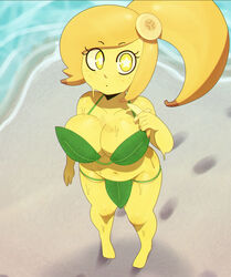 1girls bachana banana beach beli_(somescrub) belly belly_button bikini bikini_bottom bikini_top breasts cleavage clothing female freckles fruit humanoid large_breasts leaf original original_character partially_clothed slightly_chubby slime solo_female somescrub standing star-shaped_pupils wet yellow_eyes yellow_hair yellow_skin