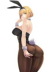 animal_ears ass bare_shoulders blonde_hair blue_eyes blush braid breasts brown_legwear bunny_ears bunny_girl bunny_tail bunnysuit damegane detached_collar fake_animal_ears felicia_(damegane) female french_braid hairband hand_on_ass high_resolution large_breasts leotard original pantyhose short_hair simple_background smile solo tail tied_hair white_background wrist_cuffs