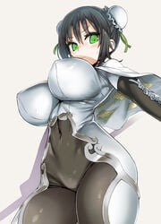 asanagi big_breasts blush bun_cover curvy dark_hair fate/grand_order fate_(series) fully_clothed green_eyes hair_bun hair_ribbon huge_breasts looking_down nipple_bulge pale-skinned_female pale_skin qin_liangyu_(fate) short_hair thick_thighs underboob wide_hips