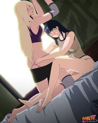 2girls accurate_art_style ass barefoot blonde_hair blue_eyes blush breasts clothing duo feet female female_only fishnets green_eyes hair_down high_resolution human hyuuga_hinata ino_yamanaka long_hair multiple_girls naruto naruto_(series) naruto_shippuden nipples no_pants panties pink_thong ponytail room see-through stiky_finkaz thong underwear undressing violet_eyes yuri