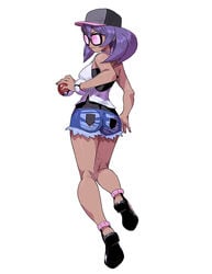 1girls ass baseball_cap big_ass bracelet cap clothed dark_skin denim denim_shorts female from_behind full_body genzoman glasses hat holding holding_poke_ball human jewelry pink-tinted_eyewear poke_ball pokemon pokemon_sm pokemon_xy pose purple_hair sandals shirt short_hair shorts sina_(pokemon) skin_tight sleeveless sleeveless_shirt smile solo source_request sunglasses thick_thighs thigh_gap tinted_eyewear white_background wide_hips