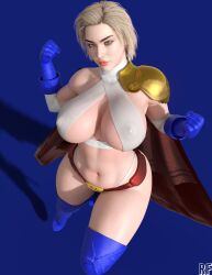 1girls 3d abs anya_(rudefrog) belt blonde_female blonde_hair blue_background cape child_bearing_hips dc dc_comics footwear handwear hi_res large_breasts looking_at_viewer original_character pale-skinned_female power_girl power_girl_(cosplay) rude_frog short_hair skimpy_armor solo solo_female superheroine thick_thighs thong