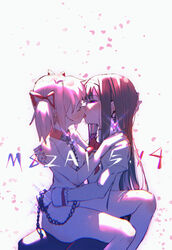 2girls akemi_homura black_hair capelet chains closed_eyes eye_contact face-to-face hairband hei_yan-m82a1 highres hug kissing long_hair looking_at_another madoka_kaname magical_girl mahou_shoujo_madoka_magica mitakihara_school_uniform multiple_girls pink_eyes pink_hair pleated_skirt purple_eyes school_uniform short_hair skirt twin_drills twintails yuri