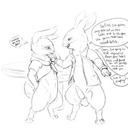 1:1 2020 anthro balls black_and_white bottomless brother brother_and_sister cbeebies clothed clothing dialogue dirty_talk duo english_text female flopsy furniture genitals greyscale hi_res incest jacket lagomorph leporid male mammal monochrome open_mouth penis peter_rabbit peter_rabbit_(series) rabbit sibling simple_background sister speech_bubble table teeth text topwear torinsangel whiskers white_background