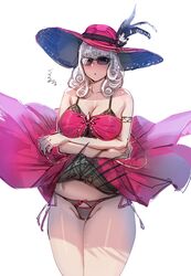 armlet bare_shoulders bikini bikini_bottom bow_(bhp) breasts brown_hair carmilla_(fate) carmilla_(swimsuit_rider) cleavage commentary_request cowboy_shot curly_hair dress dress_lift fate/grand_order fate_(series) female hat hat_feather large_breasts long_hair looking_at_viewer open_mouth partially_visible_vulva red_dress red_headwear silver_hair sun_hat sunglasses swimsuit thighs tinted_eyewear yellow_eyes