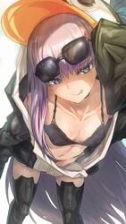 adjusting_eyewear adjusting_glasses aya_(thon2hk) bangs bikini bikini_under_clothes black_bikini black_jacket blue_eyes blue_ribbon breasts choker closed_mouth collarbone fate/grand_order fate_(series) female greaves hair_between_eyes highres jacket leaning_forward licking_lips long_hair long_sleeves looking_at_viewer meltryllis meltryllis_(swimsuit_lancer)_(fate) navel penguin_hood purple_hair ribbon sleeves_past_fingers sleeves_past_wrists small_breasts solo sunglasses swimsuit thighs tinted_eyewear tongue tongue_out very_long_hair