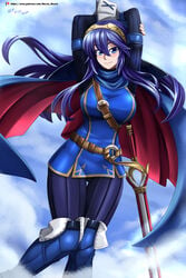 absurdres alluring alternate_breast_size armband arms_up artist_name bangs belt blue_background blue_cape blue_eyes blue_footwear blue_hair blue_pants blue_shirt blue_tunic blush boots breasts cape circlet dutch_angle eyebrows_visible_through_hair falchion_(fire_emblem) female female_focus fire_emblem fire_emblem_awakening hair_between_eyes happy highres hocen knee_boots knees_together_feet_apart large_breasts long_hair long_sleeves looking_at_viewer lucina_(fire_emblem) matching_hair/eyes nintendo pants patreon_logo patreon_username red_lining sheathed_weapon shiny shiny_hair shirt signature smile solo standing sword thigh_gap watermark weapon web_address wrist_cuffs