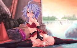 anus artist_name ass ball bangs bare_shoulders black_gloves black_legwear blanc blue_hair blush breasts cheerleader crop_top exhibitionism eyebrows_visible_through_hair female flexible gloves highres hyperdimension_neptunia looking_at_viewer multiple_views neptunia_(series) pervert pleated_skirt pussy red_eyes red_skirt sereneandsilent short_hair skirt sleeveless small_breasts soccer_ball splits sweat thighhighs vibrator vibrator_in_thighhighs white_heart