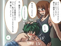 1boy 1futa big_breasts blowjob brown_eyes brown_hair closed_eyes clothed clothing cum cum_in_mouth cumming fellatio freckles futa_on_male futanari green_hair hand_on_head izuku_midoriya looking_at_partner looking_down my_hero_academia ochako_uraraka pants_down raitaroo shirt short_hair speech_bubble text translation_request