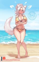 1girls 2020 @_@ animal_ears animal_tail anthro athletic beach big_breasts bikini blush breasts curvaceous curvy embarrassed female female_only grey_hair hi_res light-skinned_female light_skin original patreon patreon_logo patreon_username solo solo_female standing underboob yorutama