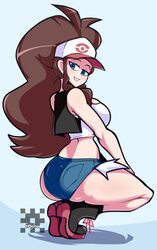 1girls aged_up alternate_breast_size ass big_ass big_breasts blue_eyes boots breasts brown_hair eye_contact half-closed_eyes hat hilda_(pokemon) huge_thighs human joeydrawss long_hair looking_at_viewer nintendo pale-skinned_female pale_skin pokemon pokemon_bw ponytail shirt shorts smile solo squatting text thick_ass thick_thighs thighs tight_clothing tight_shorts vest watermark wide_hips