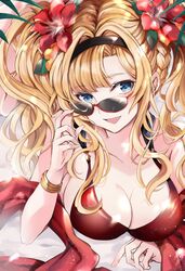 :d adjusting_eyewear adjusting_glasses bangle bikini blonde_hair blue_eyes blush bracelet breasts cleavage female flower granblue_fantasy hair_flower hair_ornament hairband highres hinahino jewelry large_breasts long_hair looking_at_viewer looking_over_eyewear looking_over_glasses open_mouth red-framed_eyewear red_bikini semi-rimless_eyewear shawl smile solo sunglasses swimsuit tinted_eyewear twintails under-rim_eyewear zeta_(granblue_fantasy)