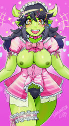 1girls black_hair blush bow breasts breasts_out collar cute demon_girl elbow_gloves fangs female frills green_skin hair_ornament hairclip heart leg_garter long_hair lucy_(samanator_club) maid maid_headdress nipples open_mouth original pink_background pointy_ears pubic_hair ribbon samanator_club simple_background skirt smile yellow_eyes