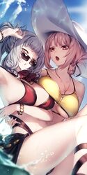 2girls arm_under_breasts arm_up asymmetrical_docking bangs bikini blue_nails blue_sky blush bracelet braid breast_press breasts brown-tinted_eyewear carmilla_(fate) cleavage cloud curly_hair day eyebrows_visible_through_hair fate/grand_order fate_(series) female female_only fingernails florence_nightingale_(chaldea_lifesavers)_(fate) florence_nightingale_(fate) genyaky hair_ribbon hat highres horns jewelry kyouya_(mukuro238) large_breasts long_fingernails long_hair looking_at_another looking_over_eyewear looking_over_glasses multiple_girls nail_polish navel necklace one_eye_closed open_mouth outdoors pink_hair ponytail red_bikini red_eyes ribbon sidelocks silver_hair sitting sky sun_hat sunglasses swimsuit tinted_eyewear white_headwear yellow_bikini yellow_eyes