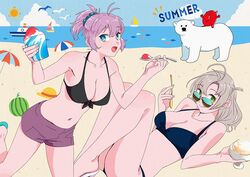 2girls 2others aoba_(kantai_collection) beach bear bikini black_bikini blue_bikini blue_eyes blue_sky boat breasts cleavage cloud cowboy_shot day enemy_lifebuoy_(kantai_collection) green_eyes grey_hair kantai_collection kinugasa_(kantai_collection) leaning_forward looking_at_viewer looking_over_eyewear looking_over_glasses lying medium_breasts multiple_girls multiple_others navel ojipon one_side_up outdoors polar_bear ponytail purple_hair purple_shorts remodel_(kantai_collection) riding scrunchie shaved_ice shorts sky spoon sun sunglasses swimsuit tinted_eyewear watercraft