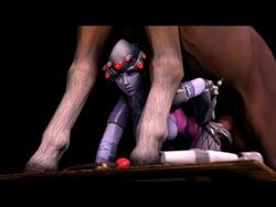 1girls 3d animated bent_over bestiality blue_skin breasts breasts_out female hand_on_hip horse horse_penis horsecock interspecies mp4 multiple_views no_sound overwatch ponytail standing toys video widowmaker zoophilia