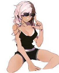 adjusting_eyewear adjusting_glasses breasts brown_hair cleavage commentary_request esu_(transc) eyewear_on_head female heterochromia medium_breasts neo_(rwby) pink_hair rwby shorts smile solo tan tank_top tanline tinted_eyewear