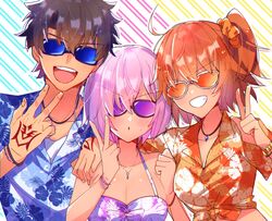 0wsaa0 1boy 2girls command_spell fate/grand_order fate_(series) fujimaru_ritsuka_(female) fujimaru_ritsuka_(male) hawaiian_shirt highres mash_kyrielight multiple_girls open_mouth orange-tinted_eyewear purple-tinted_eyewear shirt sunglasses tan_skin tanned tanned_skin tinted_eyewear upper_body wholesome