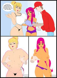 1boy 2girls alien alien_girl areolae athletic bare_midriff big_breasts bikini_bottom biting_lip blonde_hair blue_eyes blush breast_fondling breasts busty cartoon_network cleavage comic curvaceous curvy dc dc_comics eyelashes female female_focus g-string green_eyes hotpants hourglass_figure huge_breasts inverted_nipples kara_zor-l karen_starr koriand'r large_breasts lipstick long_hair male navel nipples orange_skin pinup pizza pose posing power_girl power_girl_(teen_titans_go) red_hair red_lipstick roumgu sci-fi science_fiction short_hair short_shorts speech_bubble standing starfire starfire_(ttg) superman_(series) sweat tank_top tease teasing teen_titans teen_titans_go text thick_eyebrows thick_thighs thong tied_hair topless voluptuous wide_hips