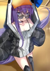 bangs bare_shoulders black_jacket blue_bow blue_eyes blush bow breasts choker closed_mouth collarbone fate/grand_order fate_(series) female greaves hair_between_eyes jacket kesoshirou licking_lips long_hair long_sleeves looking_at_viewer looking_over_eyewear looking_over_glasses looking_over_sunglasses meltryllis meltryllis_(swimsuit_lancer)_(fate) penguin_hood purple_hair sleeves_past_fingers sleeves_past_wrists small_breasts smile solo sunglasses thighs tinted_eyewear tongue tongue_out very_long_hair