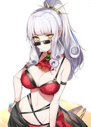 1girls alternate_costume armlet bare_shoulders bikini breasts carmilla_(fate) choker cravat curly_hair eyebrows_visible_through_hair eyes_visible_through_hair eyewear fate/grand_order fate_(series) female fingernails glasses groin hairband hand_on_hip highres large_breasts long_fingernails looking_over_eyewear looking_over_glasses luse_maonang navel plain_background ponytail red_potato_rinrin simple_background solo sunglasses swimsuit tinted_eyewear white_background white_hair yellow_eyes