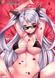 alternate_costume antenna_hair armpits arms_up artist_name azur_lane bangs bed_sheet bikini black_bikini blush breasts choker collarbone cross cross_earrings deal_with_it earrings eyebrows_visible_through_hair female gainoob gloves groin hair_between_eyes highleg highleg_bikini iron_cross jewelry large_breasts long_hair looking_at_viewer looking_over_eyewear looking_over_glasses looking_over_sunglasses lying mouth_hold multicolored_hair navel on_back petals prinz_eugen_(azur_lane) red_hair sheet_grab shiny shiny_skin side-tie_bikini sidelocks silver_hair smile solo spread_legs stomach streaked_hair sunglasses swimsuit thigh_strap tinted_eyewear two_side_up very_long_hair