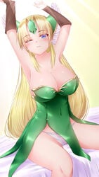 1girls 2d bed belly_button blonde_hair breasts female huge_breasts large_breasts panties riesz seiken_densetsu seiken_densetsu_3 sitting solo tagme trials_of_mana