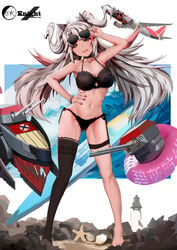 absurdres adjusting_eyewear adjusting_glasses aircraft airplane alternate_costume antenna_hair artist_name aviator_sunglasses azur_lane bangs beach bikini black_bikini black_knight_(artist) black_legwear black_ribbon blue_sky blush bracelet breasts brown_eyes cannon chinese_commentary cloud collarbone commentary_request cross_cutout dated eyebrows_visible_through_hair eyewear_on_head eyewear_removed female floating_hair full_body gluteal_fold hair_between_eyes hair_ribbon half-closed_eyes hand_on_eyewear hand_on_hip highres innertube iron_cross jewelry large_breasts licking_lips lighthouse long_hair looking_at_viewer machinery mole mole_on_breast multicolored_hair nail_polish navel ocean outdoors pink_nails prinz_eugen_(azur_lane) red_hair revision ribbon rigging sand side-tie_bikini signature silver_hair single_thighhigh sky smile solo standing starfish stomach streaked_hair sunglasses sunglasses_on_head sunglasses_removed surfboard swimsuit thigh_strap thighhighs tongue tongue_out turret two_side_up very_long_hair waves