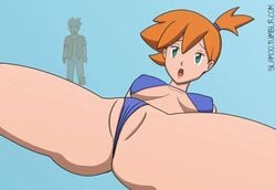 1boy 1girls alternate_breast_size alternate_outfit animated ass bikini blue_background blue_bikini bouncing_ass breasts brock_(pokemon) cameltoe cleavage clothed eye_contact female green_eyes human kasumi_(pokemon) legs looking_at_viewer male misty_(pokemon) mp4 nintendo no_sound orange_hair pokemon pokemon_frlg pokemon_rgby pose pussy revealing_clothes source_request spread_legs text underboob url video watermark