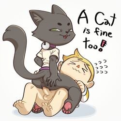 a_cat_is_fine_too animal_crossing anthro anthro_penetrated anus ashe_(starshippizza) balls bell bell_collar black_body black_fur blonde_hair bottomless closed_eyes clothed clothing collar cowgirl_position domestic_cat duo english_text feet felid feline felis female female_on_top female_penetrated fur furry genitals hair hand_on_butt hi_res human human_on_anthro human_penetrating human_penetrating_anthro humanoid_feet interspecies junyois looking_back looking_pleasured male male/female male_penetrating male_penetrating_female mammal nintendo on_top pawpads penetration penile penile_penetration penis pussy sex shirt soles straight t-shirt tail text topwear vaginal_penetration video_games villager_(animal_crossing)