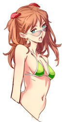 1girls :o alternate_costume asuka_langley_sohryu bikini bikini_top blue_eyes breasts brown_hair colored_eyelashes female female_only from_side glasses green_bikini hair_ornament head_tilt long_hair looking_at_viewer looking_over_eyewear looking_over_glasses navel neon_genesis_evangelion nishieda open_mouth orange_hair sideboob simple_background sketch small_breasts solo sunglasses swimsuit tinted_eyewear upper_body white_background